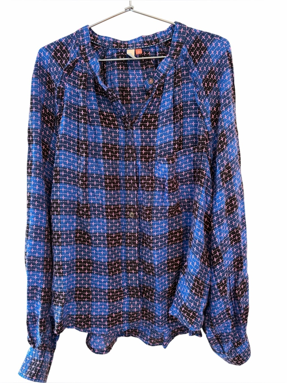 Anthropologie Pilcro blue embroidered plaid button-down long-sleeve blouse - Picture 3 of 8